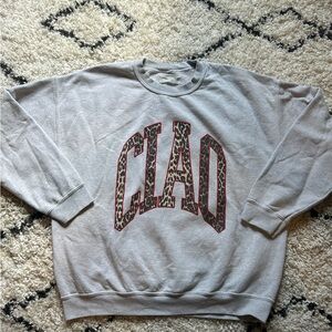 Free People Light Gray Crewneck with Leopard CLAO Graphic